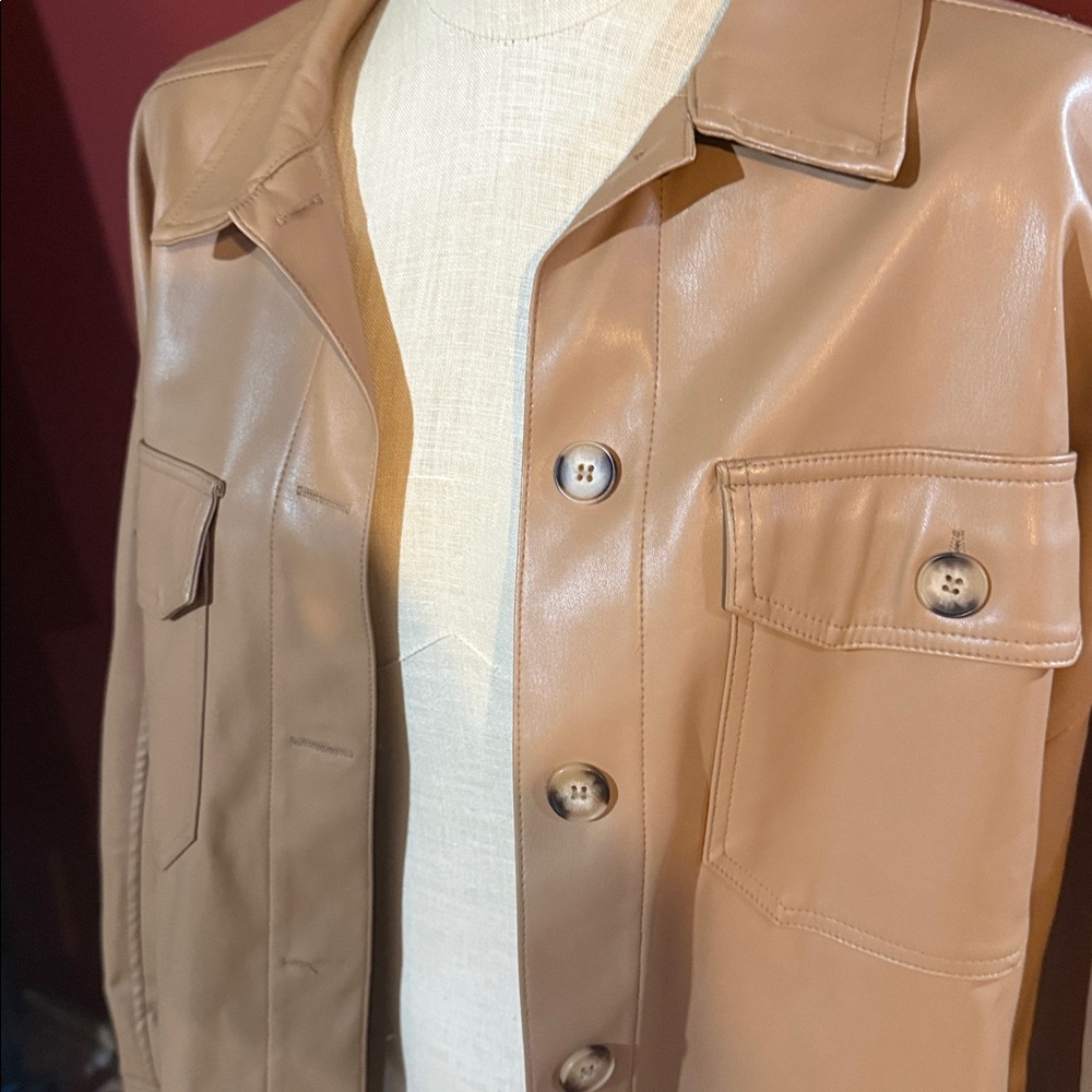Tan Button-Up Shacket Jacket Pu/Poly Blend Leathe… - image 5